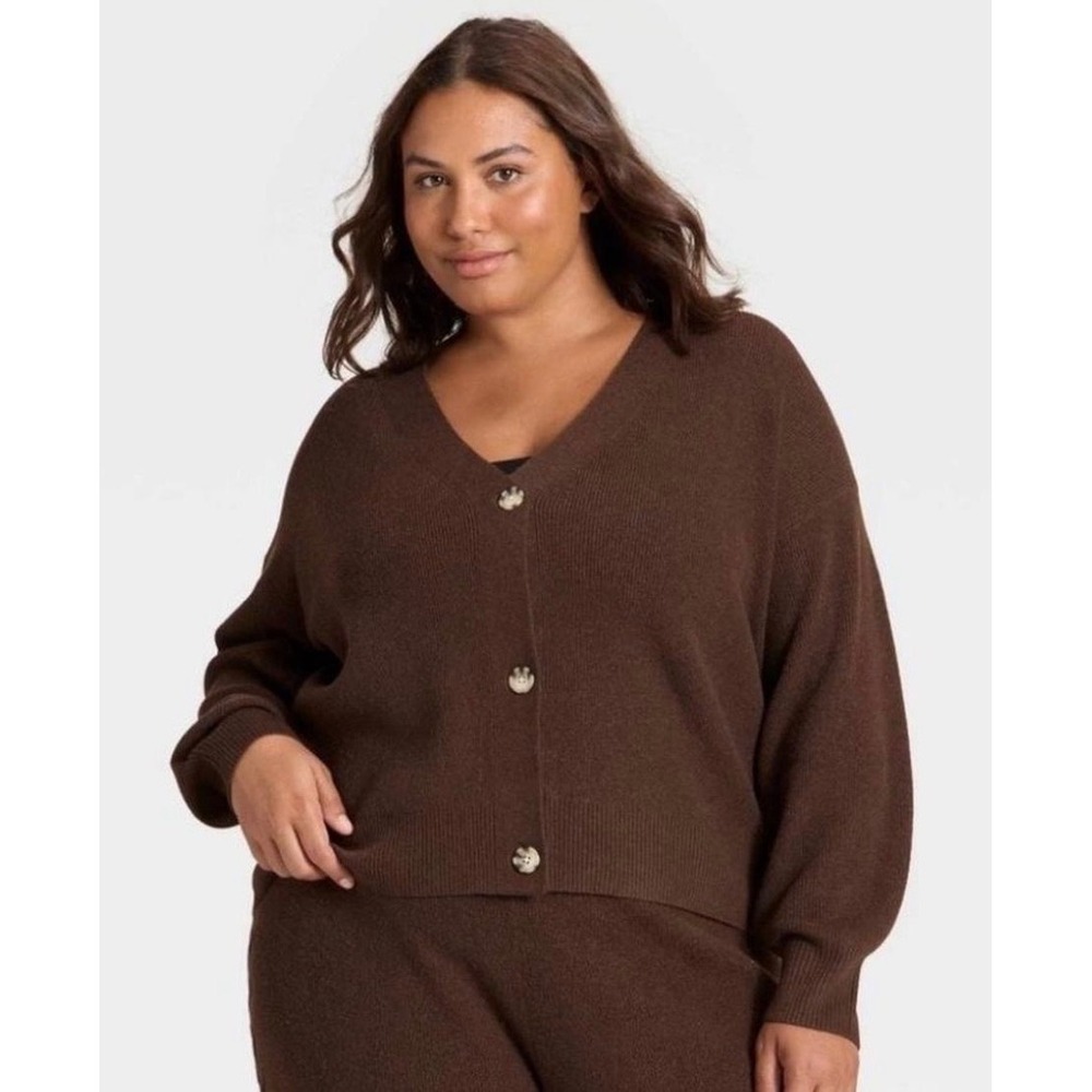 Auden Luxury Collection Brown Ribbed V-Neck Cardigan Sweater Large RN17730